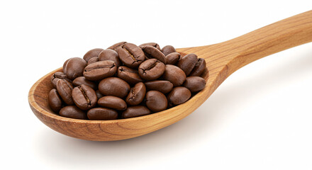 Obraz premium Coffee Bean Spoon: A close-up shot of a wooden spoon brimming with rich, roasted coffee beans, capturing their deep brown color and inviting aroma.