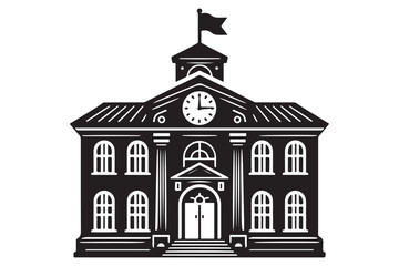 School building with clock and flag flat icon