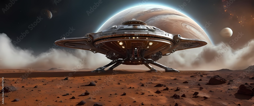 Wall mural a fascinating landed spaceship positioned on the rusty martian surface set against a backdrop of swi