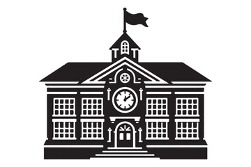 School building with clock and flag flat icon