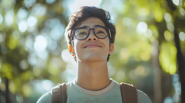 Happy teenage boy wearing glasses and backpack in sunny park looking up with hopeful expression. Education, travel and self-discovery themes