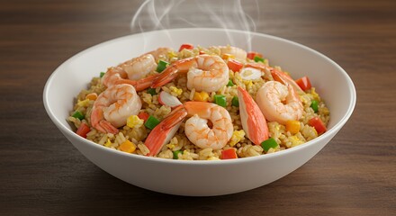 Delicious Shrimp Fried Rice Bowl with Steaming Freshness on Wooden Surface
