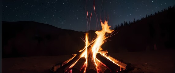 A dynamic representation of crackling campfire flames under stars where warmth invites connection and storytelling on crisp evenings