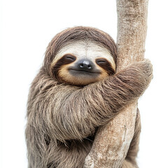 Sleepy sloth hugging tree branch isolated on white background.