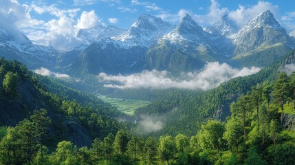 Obraz premium Alpine valley panorama, snow-capped peaks, lush forests, morning mist