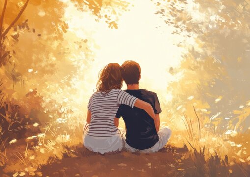 A young couple sits on the ground, their backs to the camera, embracing each other and enjoying the sunset in a park Generative AI