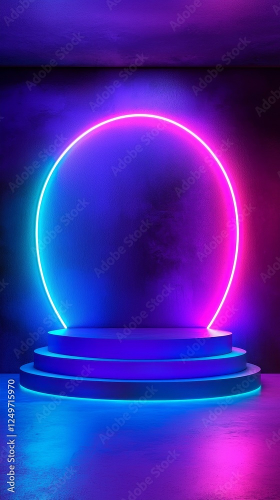 Poster This striking abstract setting showcases geometric podiums and an eye-catching neon arch, creating an inviting space for showcasing products in a contemporary environment