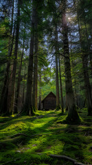 Obraz premium Serene Pine Forest with Sunlit Canopy and Secluded Wooden Cabin