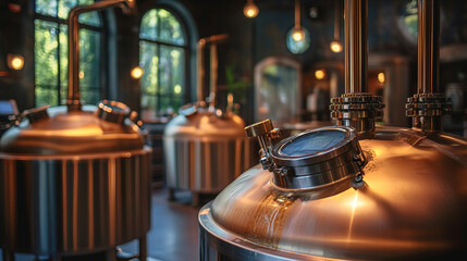 Close-up of gleaming stainless steel brewery equipment showcasing intricate details in a modern beer production facility, emphasizing precision, innovation, and craftsmanship with a bright, clean tone