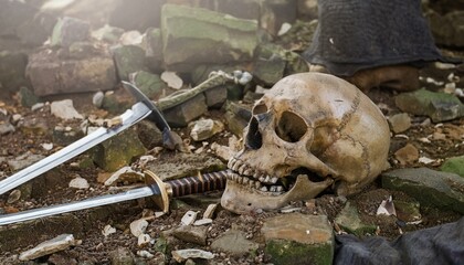 Fototapeta premium 고대 전장의 잔해 속, 부러진 검과 갑옷 조각 사이에 놓인 해골