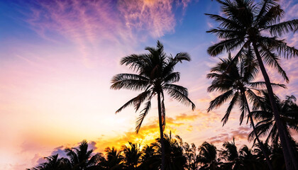 Obraz premium A breathtaking Tropical Sunset featuring silhouetted palm trees against a colorful sky
