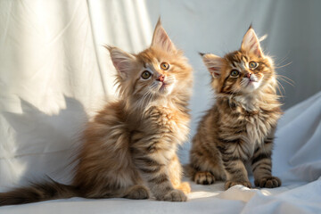 Two Maine coon kittens on white background. Maine coon kittens sitting in sunlight