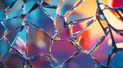 Close-up of shattered glass with colorful reflections and dynamic light patterns creating an abstract texture. Shattered Reflections. Illustration