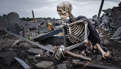 고대 전장의 잔해 속, 부러진 검과 갑옷 조각 사이에 놓인 해골
