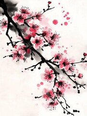 A cherry blossom branch against a white background showcases intricate watercolor techniques, making it ideal for weddings and natureinspired decor, enhancing any special occasion with charm
