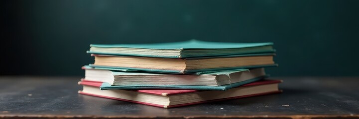 Neat stack of papers rests on dark blackboard, horizontal, minimal