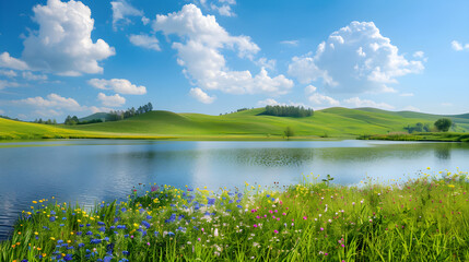 Serenity in Nature: A Tranquil Landscape of Rolling Hills, Reflective Lake, and Wildflowers