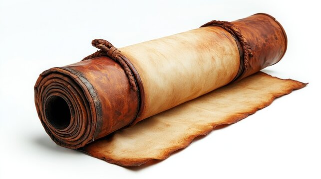 Antique rolled parchment scroll on white background