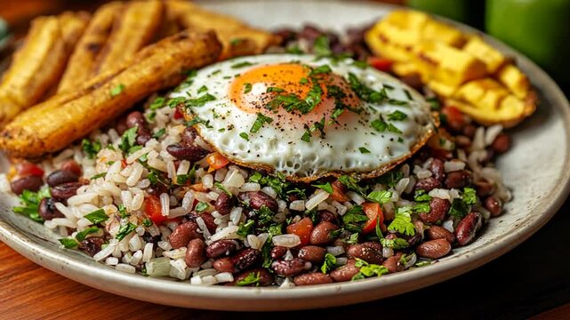 Delicious Gallo Pinto dish with fried egg and plantain served on a plate