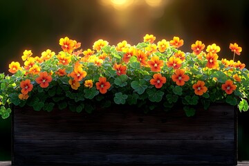Fototapeta premium A vibrant display of orange flowers in a wooden planter, set against a softly illuminated background, creating a warm and inviting atmosphere.