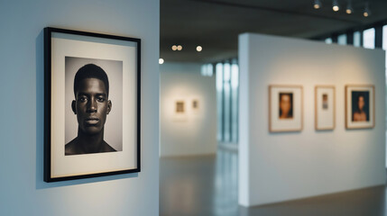 A striking black-and-white portrait displayed in a museum, showcasing Ghana's historical independence