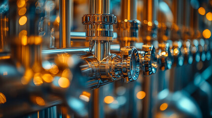 Close-up of gleaming stainless steel brewery equipment showcasing intricate details in a modern beer production facility, emphasizing precision, innovation, and craftsmanship with a bright, clean tone