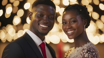 A young Ghanaian couple smiling together, celebrating Independence Day with joy and elegance