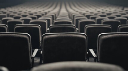 Fototapeta premium Empty theater seats, rows converging, dark hall. Use Event promotion