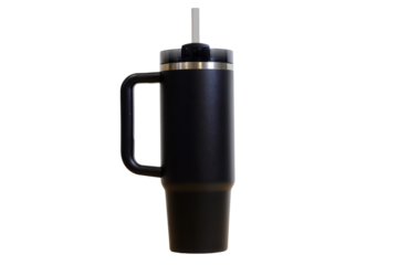 Minimalist Black Insulated Tumbler with Handle and Straw Isolated with No Background