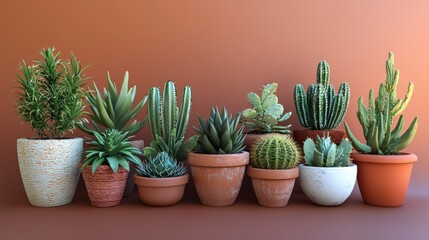 Assorted potted succulents and cacti against terracotta wall