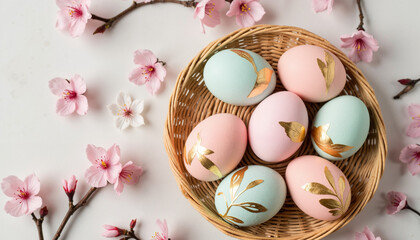 Easter eggs in pastel colors with floral decorations in a basket, Colorful Egg Dyeing, Easter 