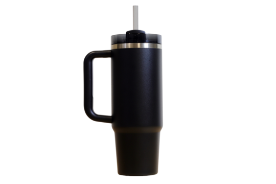 Minimalist Black Insulated Tumbler with Handle and Straw Isolated with No Background