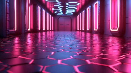 A dynamic neon-themed background featuring glowing triangles and hexagonal patterns. The modern bright tone evokes energy and movement, with blurred empty space on the side for caption placement