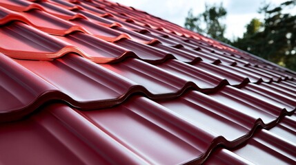 Close-up view of a modern red metal roof. Architectural design details of the roofing tiles.