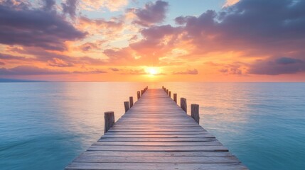 Obraz premium Serene Sunset Over the Ocean Pier - Tranquil Coastal Scene