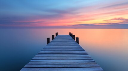 Obraz premium Serene Sunrise Pier Over Calm Water - Peaceful Landscape