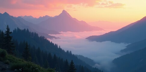 Obraz premium Serene mountain landscape with misty dawn fog lifting, trees, hills