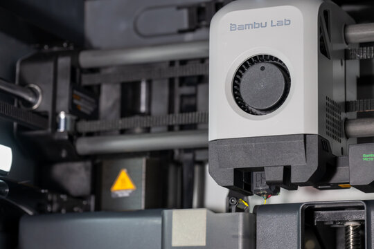 Sioux Falls, South Dakota, USA - 1.22.2025: Bambu Labs X-1 Carbon 3D printing head