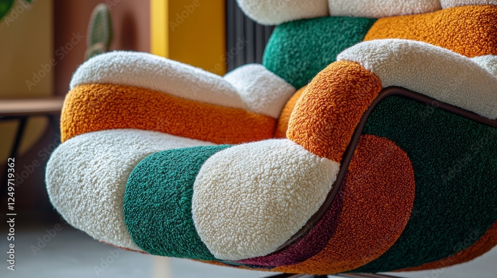 Poster A colorful armchair sits invitingly in a stylish room, blending plush textures and bold patterns. Natural light highlights its unique design, creating an inviting atmosphere for relaxation