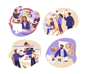 Set of vector illustrations, business doodles, bubble style, people in the office, conference, presentation, meeting, reports, accounting, team lead, director, employees. Vector illustration