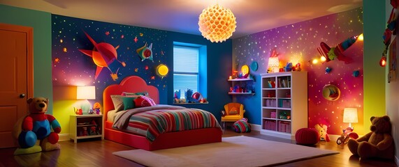 A delightful childrens room bursting with colorful toys vibrant wall decorations and soft inviting lighting fostering playful creativity