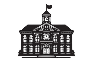 School building with clock and flag flat icon