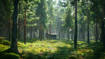 Obraz premium Serene Pine Forest with Sunlit Canopy and Secluded Wooden Cabin