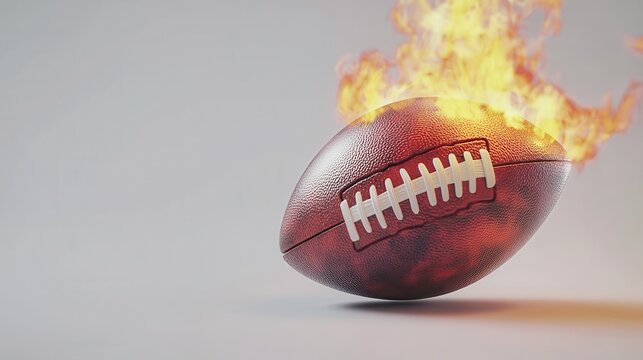 american footbal lball with bright flame flying on white background