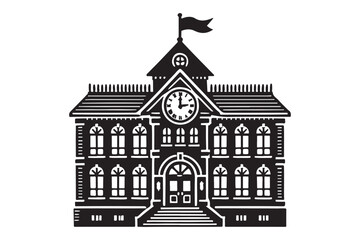 Naklejka premium School building with clock and flag flat icon