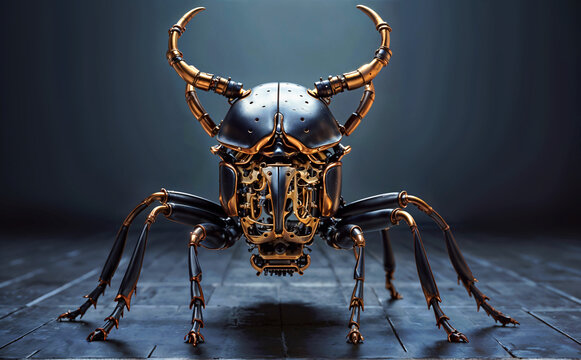 A futuristic robotic insect with prominent horns and a reflective metallic finish - Powered by Adobe