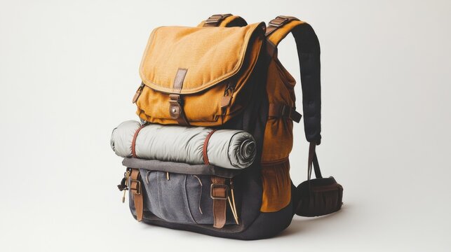 Exploring adventure gear stylish backpack with sleeping bag outdoor setting product photography minimalist design