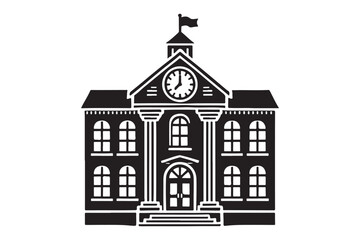 School building with clock and flag flat icon