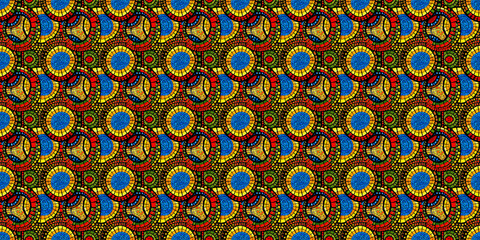 Abstract African art shapes seamless backgrounds, tribal geometric decoration patterns. Colored flat boho symbols illustrations	