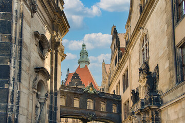 Fototapeta premium Dresden, Germany. Balcony between Dresden castle and Dresden Cathedral, or the Cathedral of the Holy Trinity.